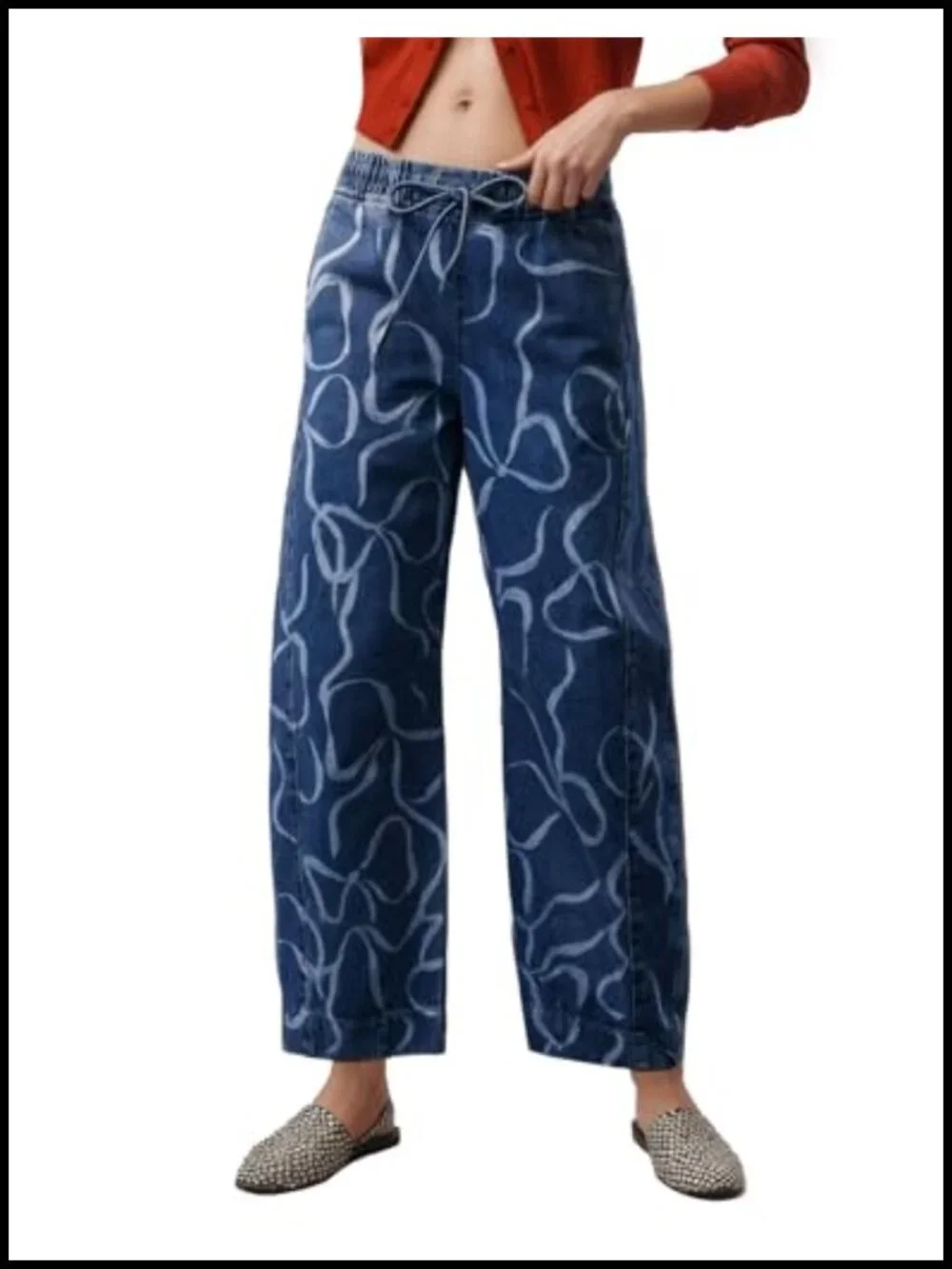 Mid Rise Bow Print Barrel Jeans Wide Leg Baggy Denim Pants with Pockets
